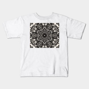 Black and Cream Mandala Tapestry Pattern Kids T-Shirt